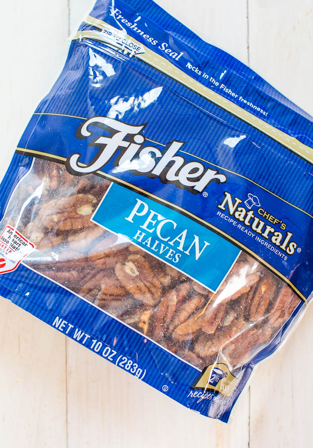 overhead view of bag of Fisher pecan halves 