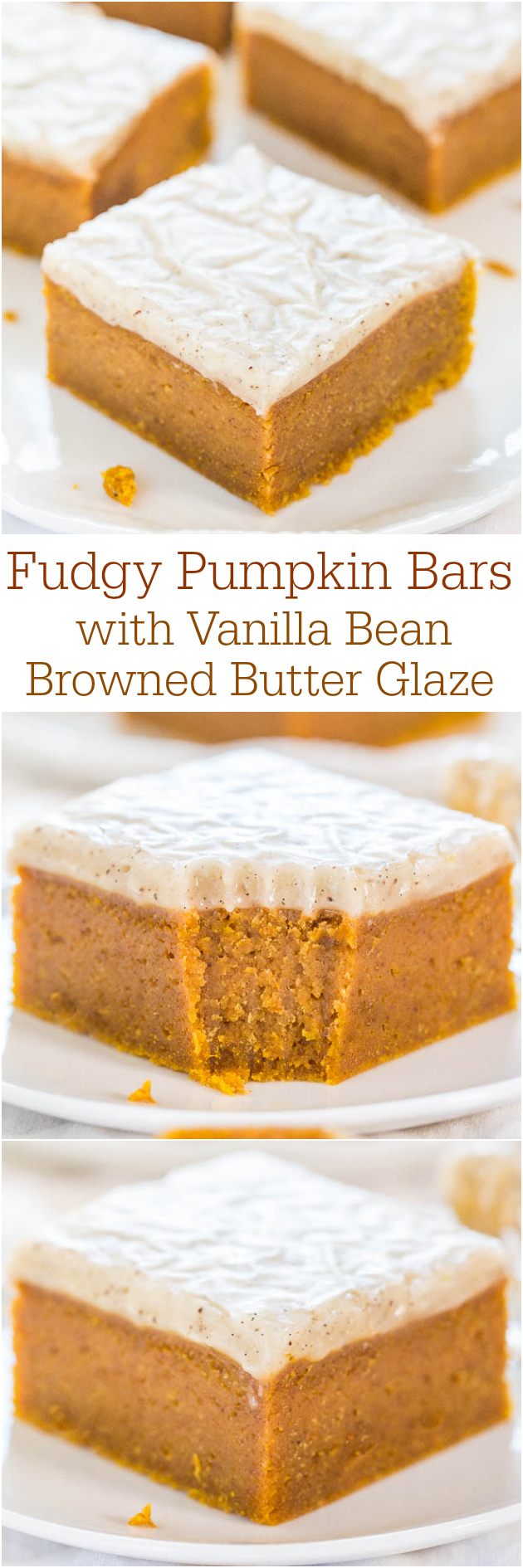 Fudgy Pumpkin Bars — Dense pumpkin bars so soft they're like biting into pumpkin fudge!! The glaze is ahh-mazing!!!