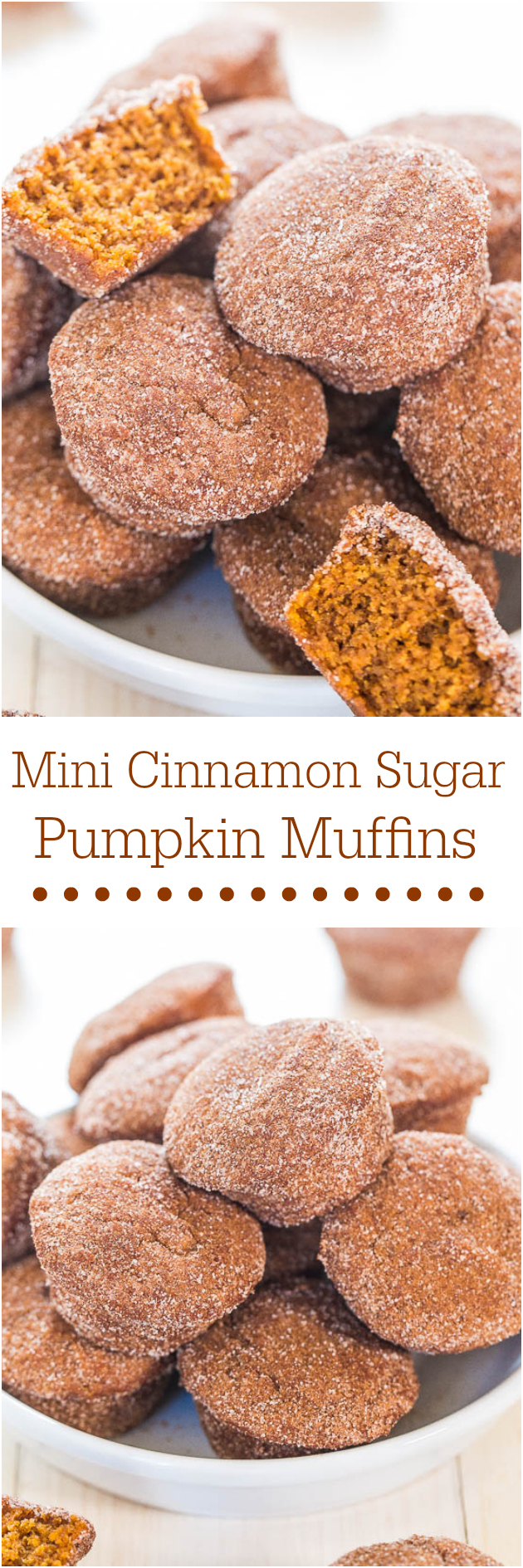 Mini Cinnamon Sugar Pumpkin Muffins - Soft little muffins that pack a big punch of pumpkin flavor! Mini food just tastes better!! YUM!
