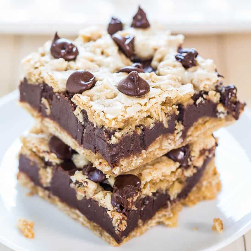 A stack of chocolate chip oatmeal bars on a plate.