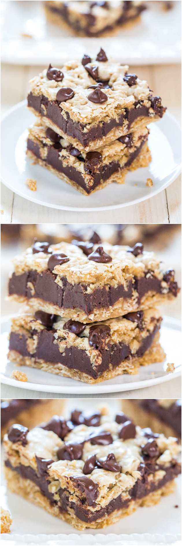 Fudgy Oatmeal Chocolate Chip Cookie Bars - Chewy bars with a thick layer of fudge in the middle! Whoa, hello chocolate overload!!
