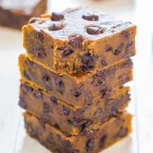 Stack of chocolate chip pumpkin bar slices.