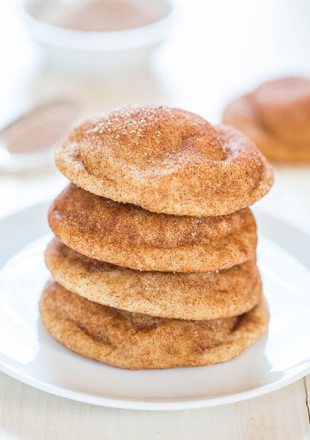stack of four Snickerdoodle cookies on white plate