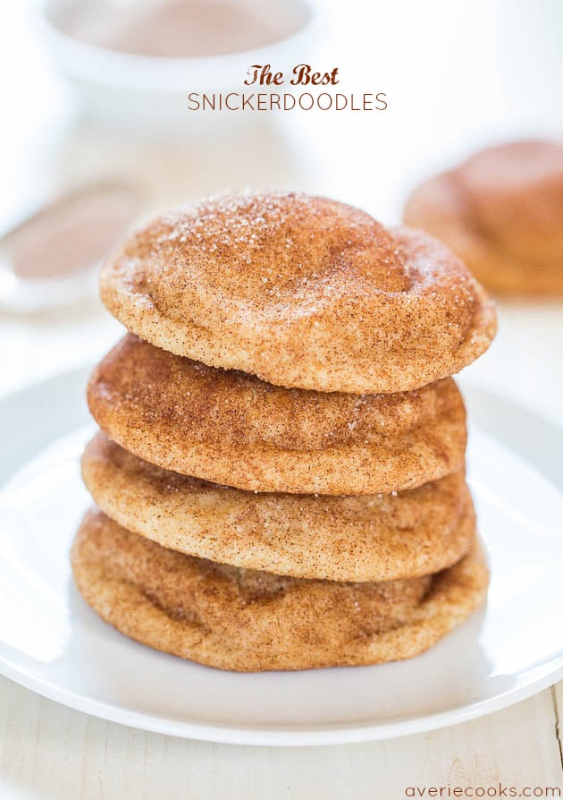 stack of four soft snickerdoodles on a white plate. 