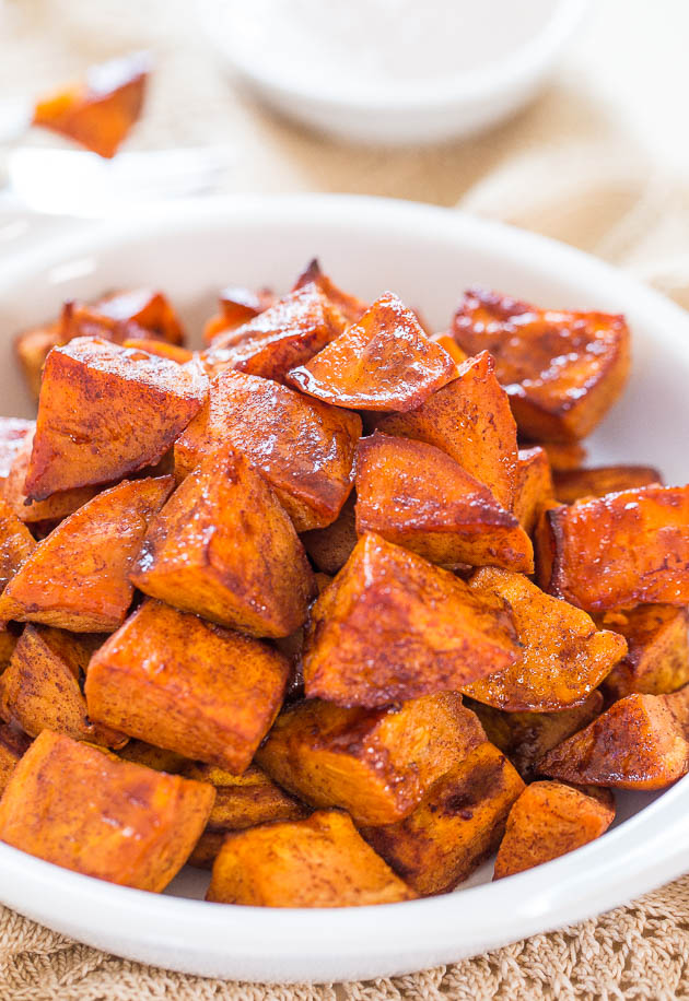 white bowl of oven roasted sweet potatoes 