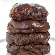 Stack of gooey chocolate cookies.