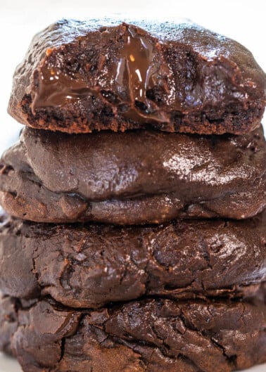 Stack of gooey chocolate cookies.