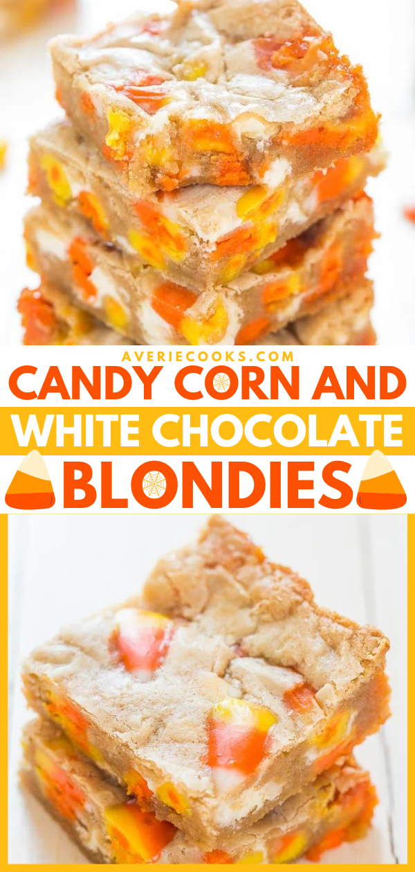 Candy Corn White Chocolate Blondies - Questi blondies al cioccolato bianco sono tempestati di caramelle di mais.  Sono la ricetta perfetta per il dessert di Halloween che fa impazzire grandi e piccini!