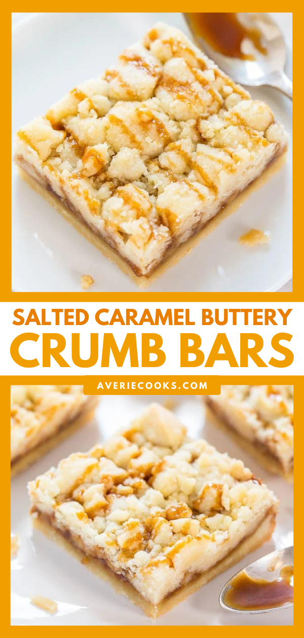 Salted Caramel Buttery Crumb Bars — These salted caramel bars feature a buttery shortbread base and an addicting crumb topping I simply can't get enough of! Such an easy one-bowl dessert!