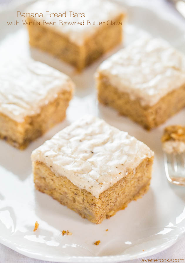 Glazed Banana Bread Bars — Banana bread in bar form with a glaze that soaks in and is just so darn good! Dense enough to be satisfying, but still perfectly light, fluffy, and packed with rich banana flavor!
