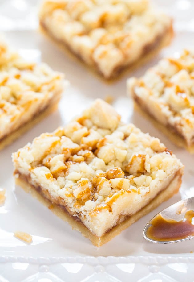 Salted Caramel Buttery Crumb Bars - Easy, soft, buttery bars that just melt in your mouth! The salted caramel makes them so irresistible!!!