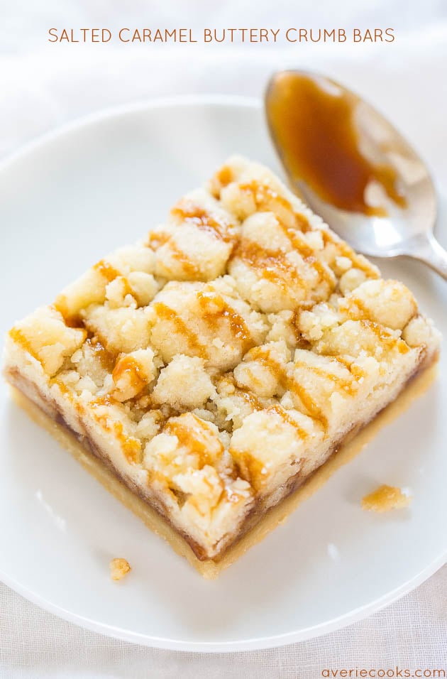 Salted Caramel Buttery Crumb Bars - Easy, soft, buttery bars that just melt in your mouth! The salted caramel makes them so irresistible!!!