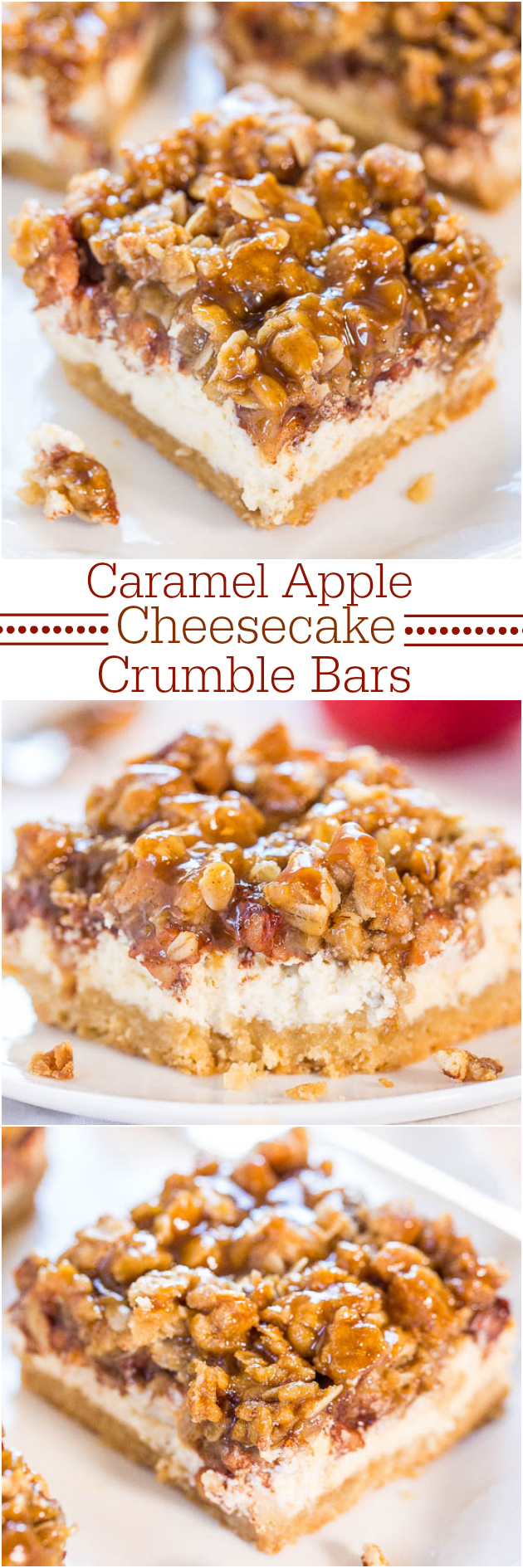 Caramel Apple Cheesecake Bars - Move over apple pie! These are an apple pie, apple crumble and cheesecake all in one! YUM!