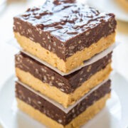 A stack of three chocolate-frosted crispy rice treats.