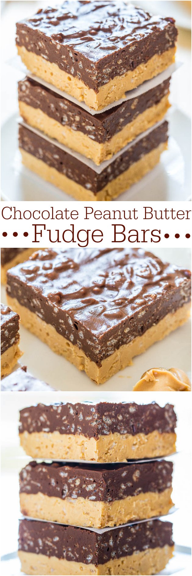 Chocolate Peanut Butter Fudge Bars - Can't decide if you want PB or chocolate? Make these easy, no-bake bars! Chocolate + PB is sooo irresistible!!