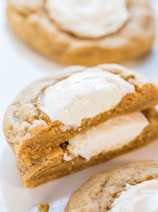 close up of a cheesecake cookie cut in half 