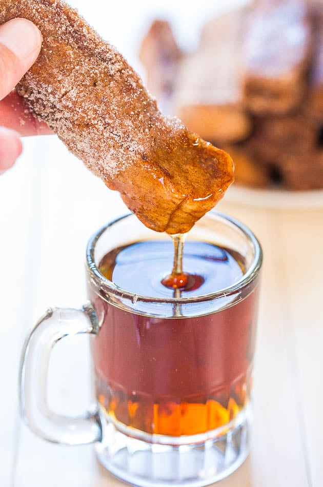Cinnamon French Toast Stick dripping with maple syrup