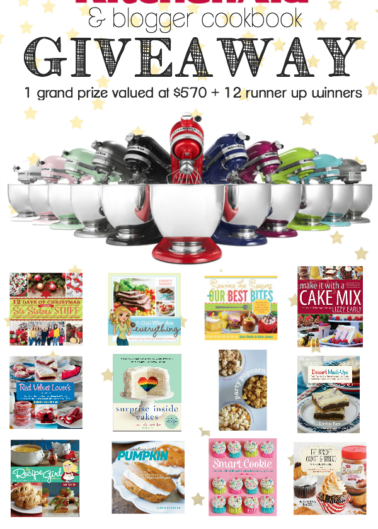 Promotional poster for a kitchen appliance and blogger cookbook giveaway, featuring images of various cookbooks and stating one grand prize and twelve runner-up winners.