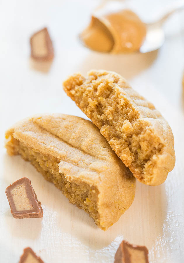 a simple peanut butter cookie that's been torn in half and stacked on itself 