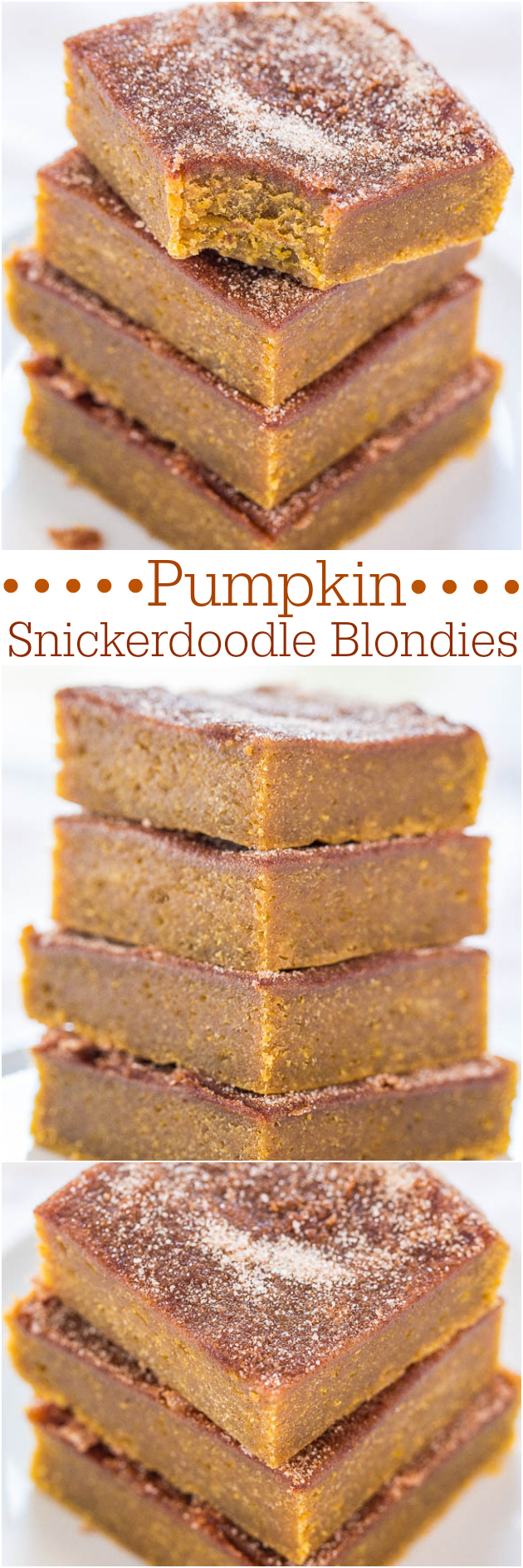 Cinnamon-Sugar Pumpkin Blondies — Soft pumpkin bars, cinnamon-sugary snickerdoodles, and buttery blondies rolled into one! Super good!!