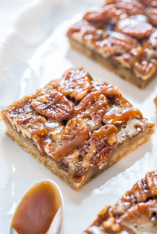 Salted Caramel Maple Pecan Pie Bars — This pecan pie bars recipe is a fast, one-bowl, no-mixer recipe, but the bars taste like you slaved over them. So much easier than making pecan pie!