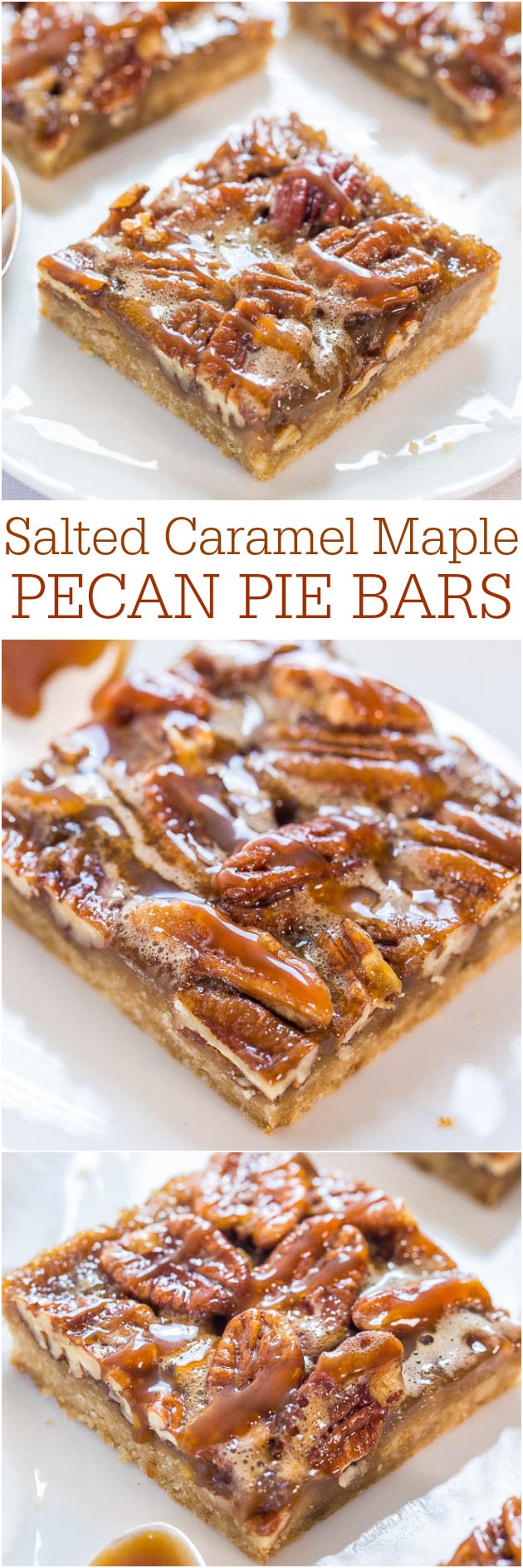 Salted Caramel Maple Pecan Pie Bars — This pecan pie bars recipe is a fast, one-bowl, no-mixer recipe, but the bars taste like you slaved over them. So much easier than making pecan pie!