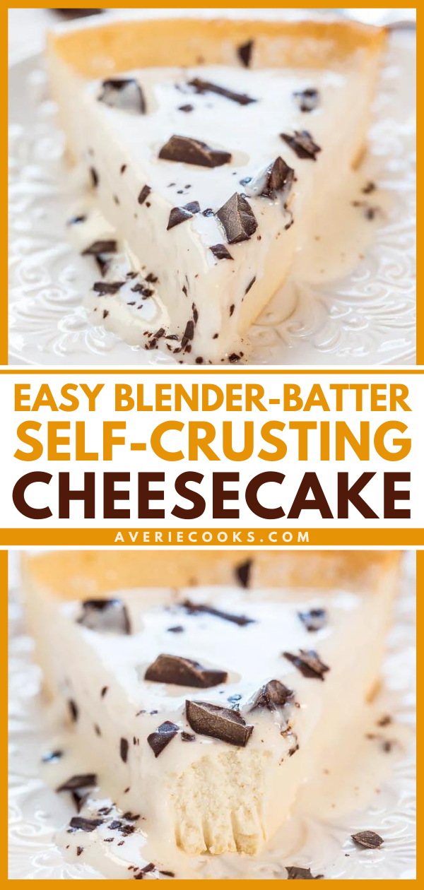 Easiest Crustless Cheesecake — No crust to make and whiz the batter together in the blender!! Easy, foolproof, and so good!!