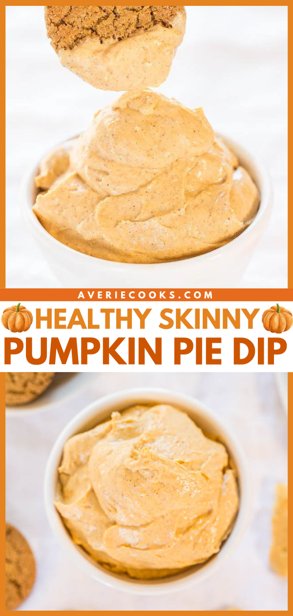 Skinny Pumpkin Pie Dip — This pumpkin pie dip is a healthier treat that you can make in less than 5 minutes. Serve it alongside pretzels, gingersnaps, graham crackers, and more!