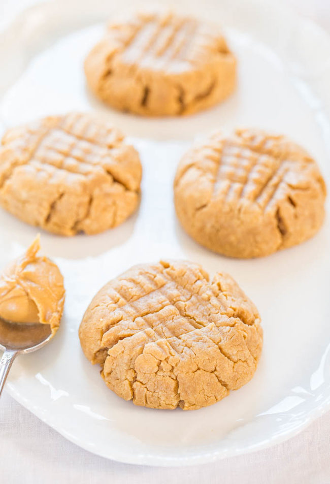 Four Easy 4-Ingredient Perfect Peanut Butter Cookies on white plate