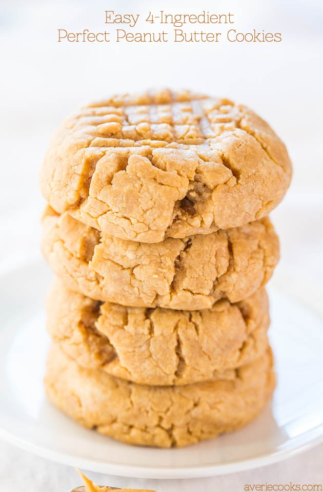 Easy 4-Ingredient Perfect Peanut Butter Cookies - Soft, chewy, and made with an ingredient you'd never guess! It works and they're perfect!!