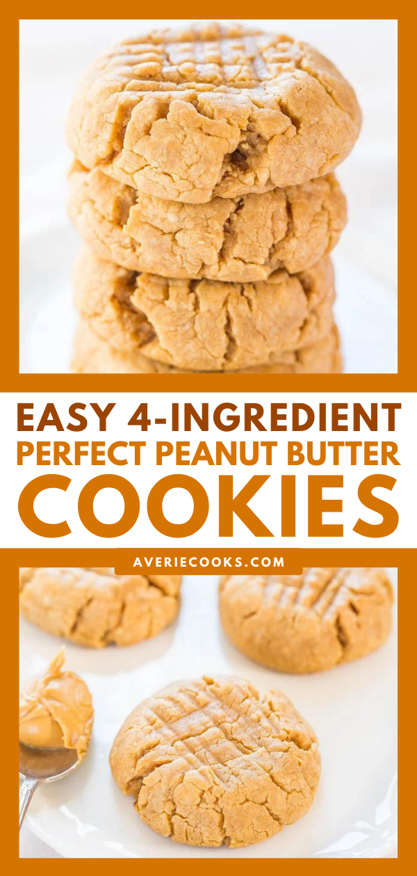 4-Ingredient Peanut Butter Cookies — These 4-ingredient peanut butter cookies are made with a secret ingredient...and lots of peanut butter, of course! These are so easy and fast to make!