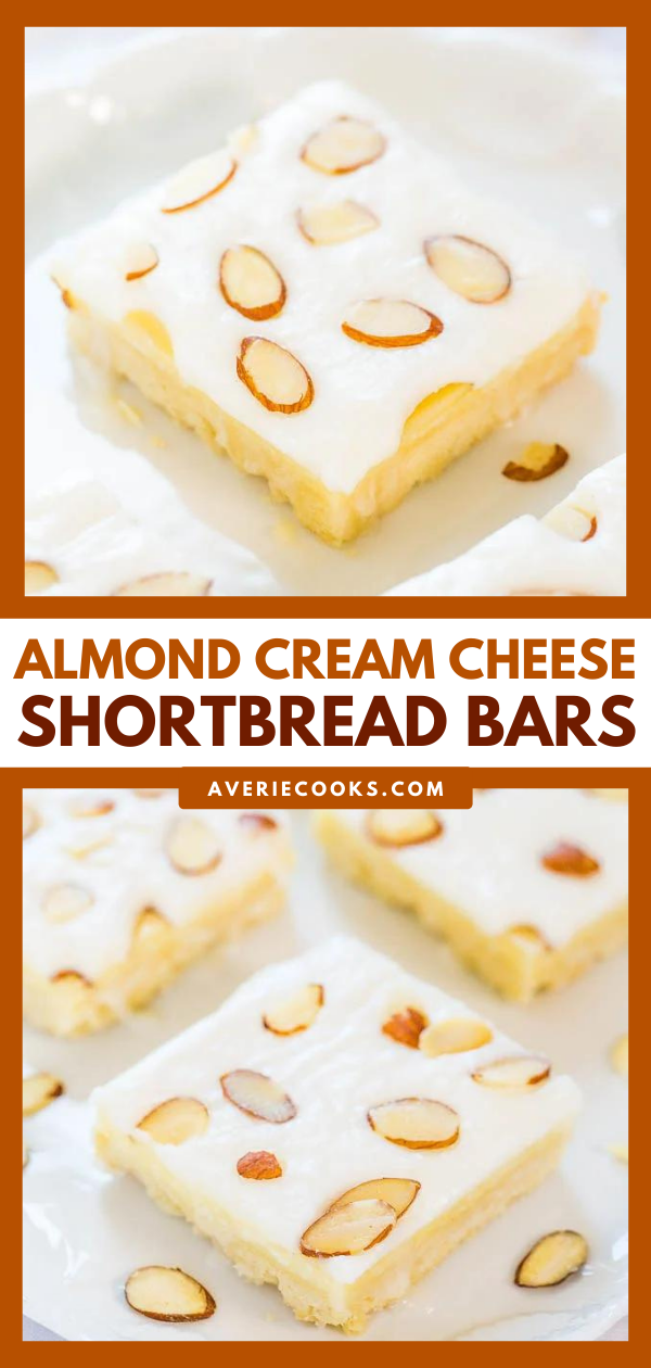 Almond Cream Cheese Bars — An easy, buttery shortbread crust is topped with cream cheese and irresistible almond frosting!! These cookie bars taste like something you'd buy at a bakery! 