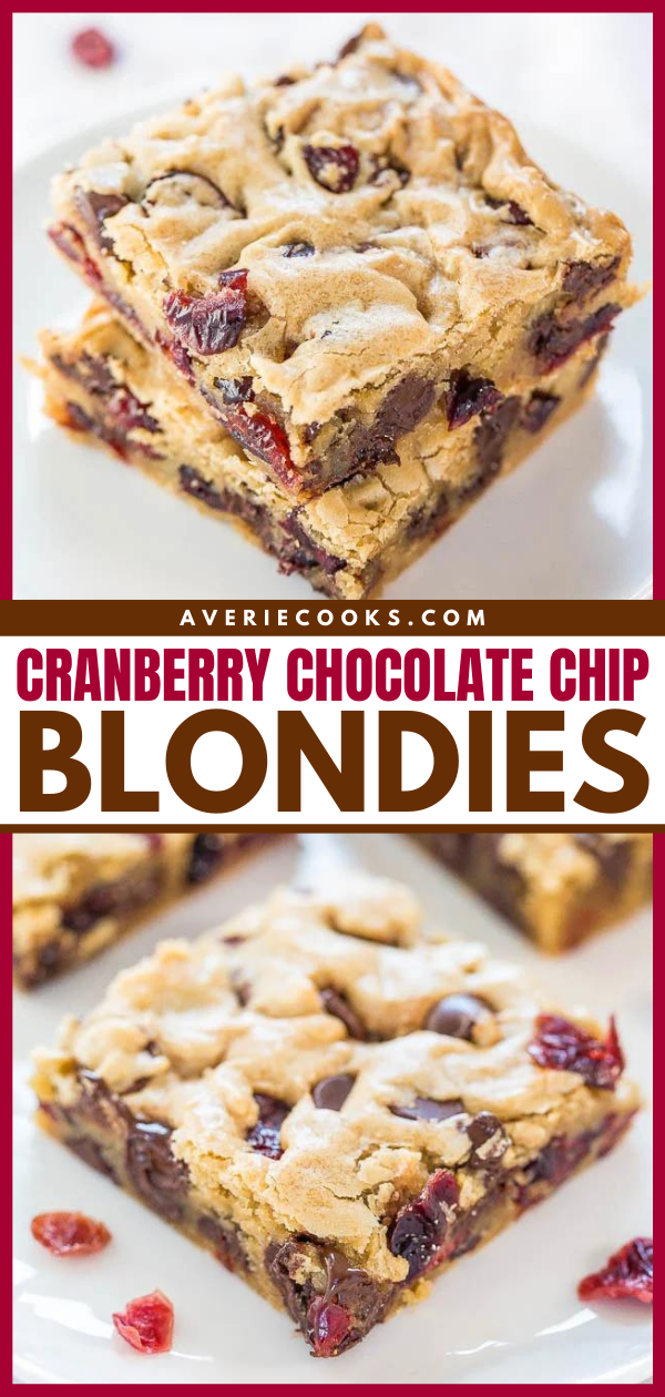 Chocolate Chip Cranberry Bars — Super soft, buttery bars packed with chewy cranberries! And there's a chocolate overload in every bite!!
