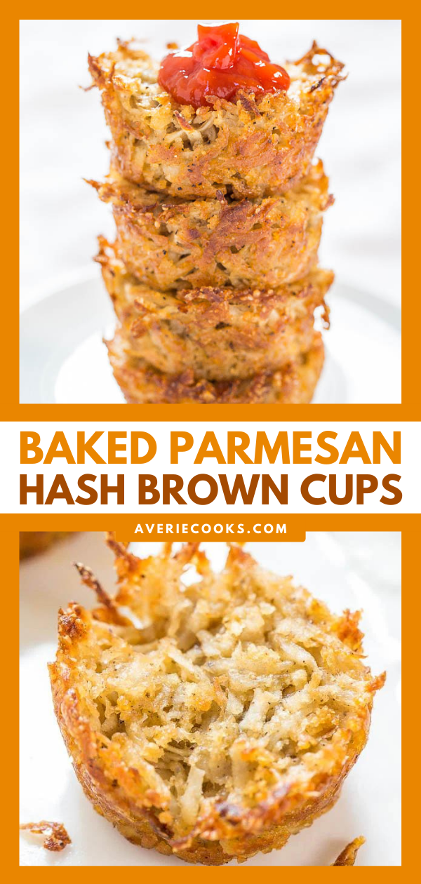 Baked Parmesan Hash Brown Cups - Easiest hash browns ever! No stovetop flipping! A great side dish, fun party food, or game day snack!!
