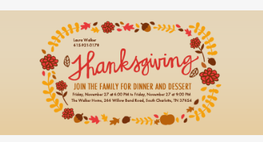 Thanksgiving dinner invitation with autumnal design elements.