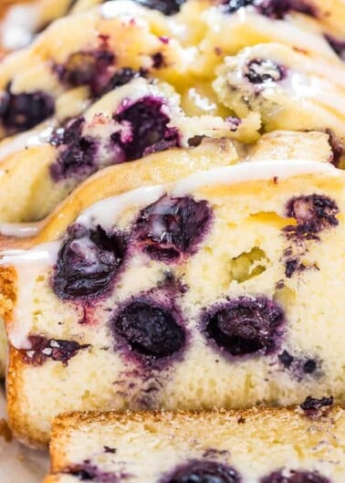 Blueberry loaf cake with lemon glaze.