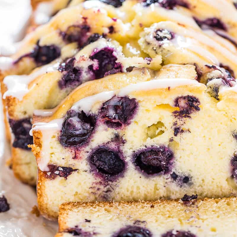 Blueberry loaf cake with lemon glaze.