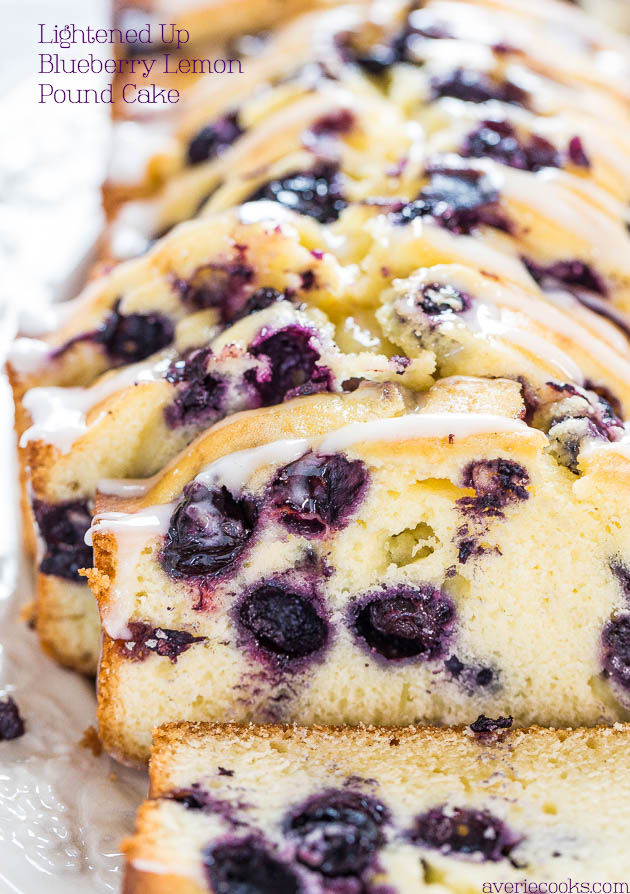Lightened Up Blueberry Lemon Pound Cake - No BUTTER in this healthier cake with big juicy blueberries and refreshing lemon!! It's a keeper!