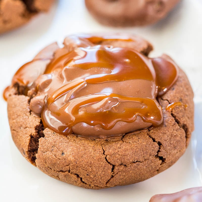 Chocolate cookie topped with melted caramel.