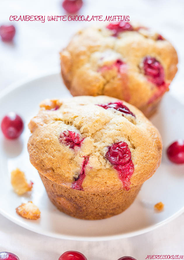 Cranberry White Chocolate Muffins - Soft, fluffy, and bursting with berries in every bite! Perfect way to use your fresh cranberries!!