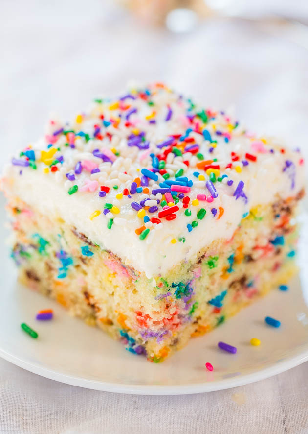 Easy Homemade Funfetti Cake with Vanilla Buttercream  on a white plate