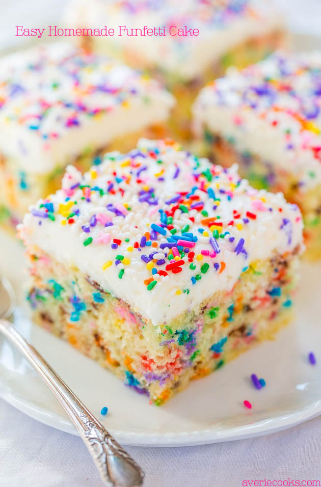 Easy Homemade Funfetti Cake - Move over storebought cake mix!! This easy cake only takes minutes to make and tastes wayyyy better!!