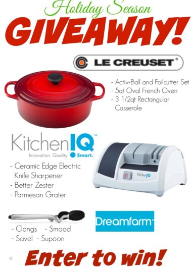 Promotional advertisement for a holiday season giveaway featuring kitchen items including a le creuset oval french oven, a kitcheniq electric knife sharpener, and a dreamfarm set of utensils.