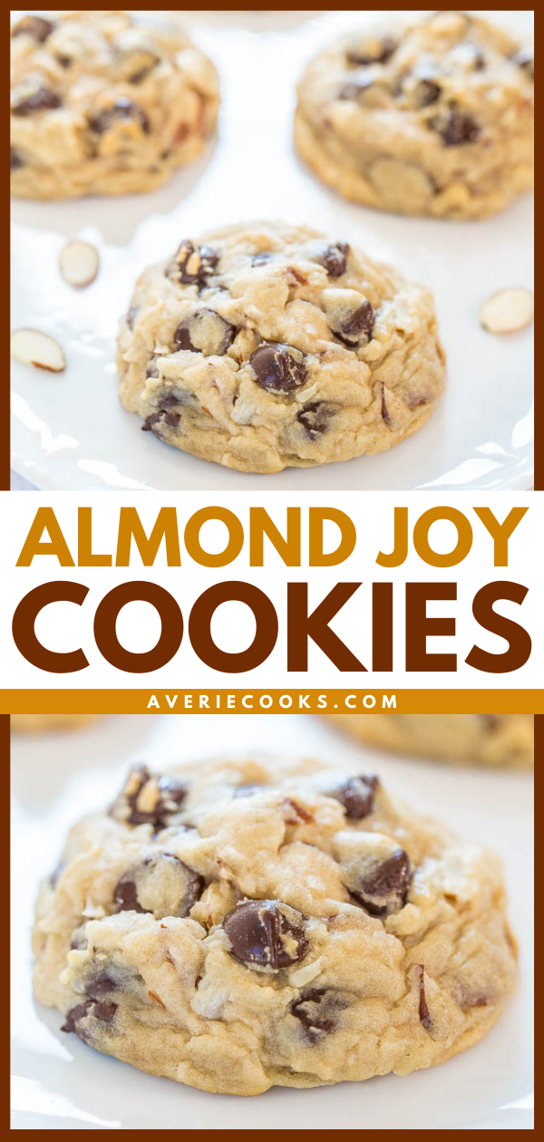 Almond Joy Cookies — If you like Almond Joy bars, you're going to love these! Soft, chewy and loaded with coconut, almonds and dark chocolate!! Mmm!