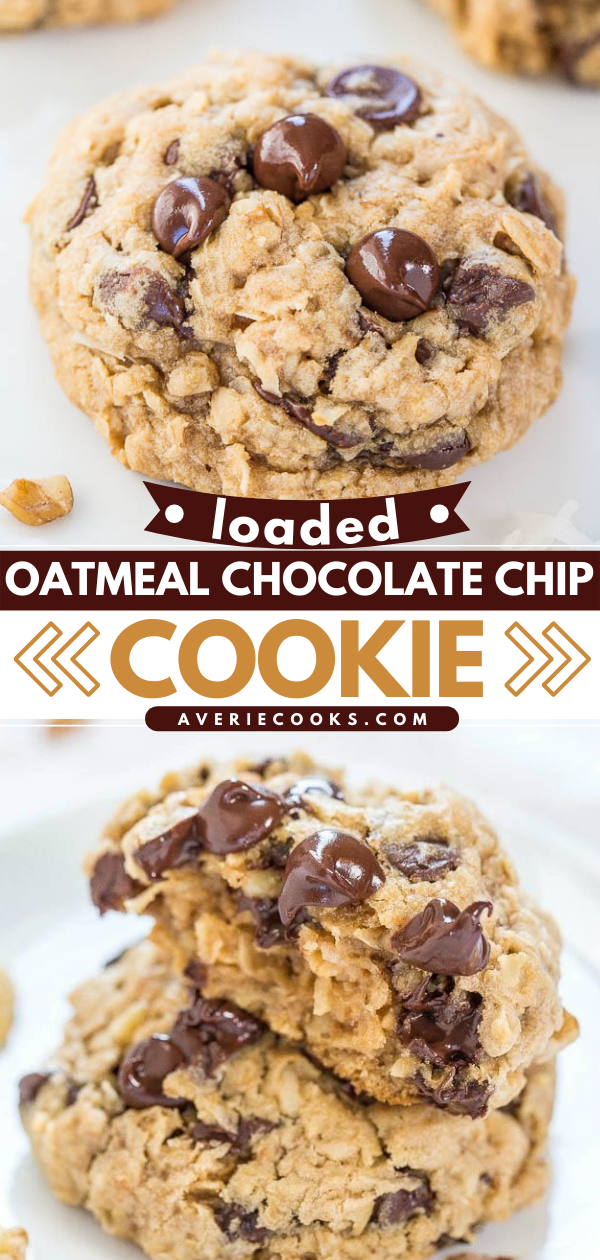 Loaded Oatmeal Coconut Chocolate Chip Cookies — Soft, chewy, and loaded with chocolate! Sinking your teeth into a thick, hearty cookie is the best!! So good!