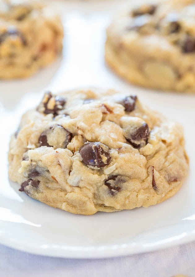 close up of an almond coconut chocolate chip cookie