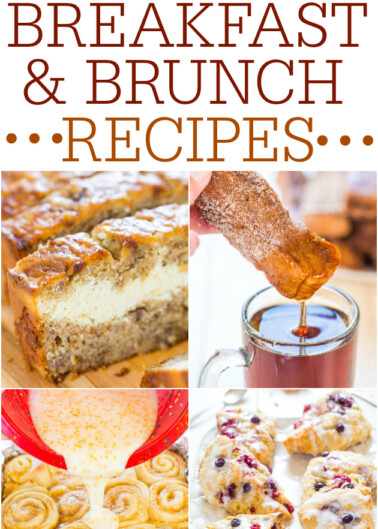 A collage showcasing a variety of sweet breakfast and brunch dishes, including cinnamon rolls, pancakes, french toast, and muffins.