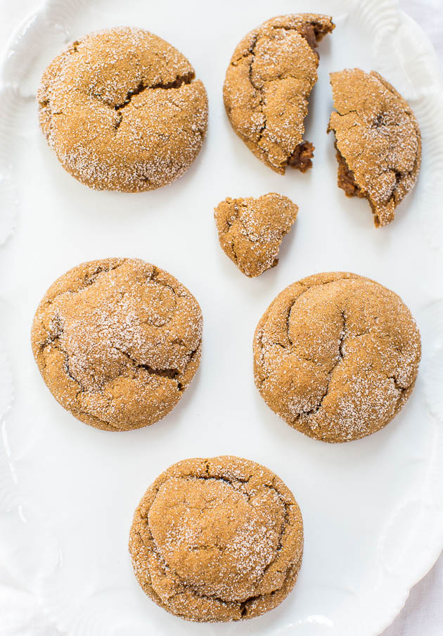 Soft and Chewy Molasses cookies on white serving platter