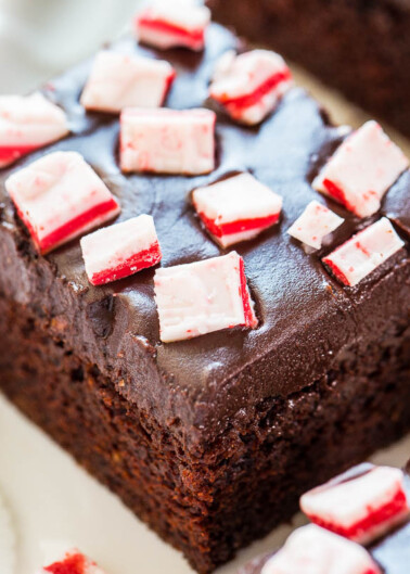 A close-up of a chocolate brownie topped with pieces of peppermint candy.