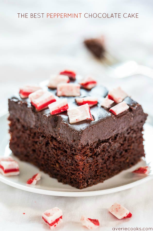 slice of chocolate peppermint cake topped with peppermint candies 